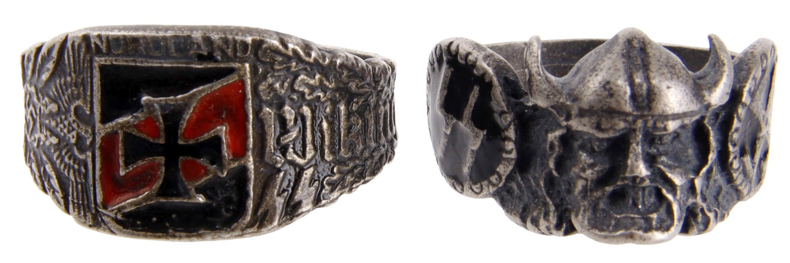 Waffen-SS Silver Rings WWII German Lot of 2: Two (2) rings for the Waffen-SS in silver. 1) Iron Cross motif. Size 12. 2) Wiking. Size 11. Unauthenticated, sold as is.