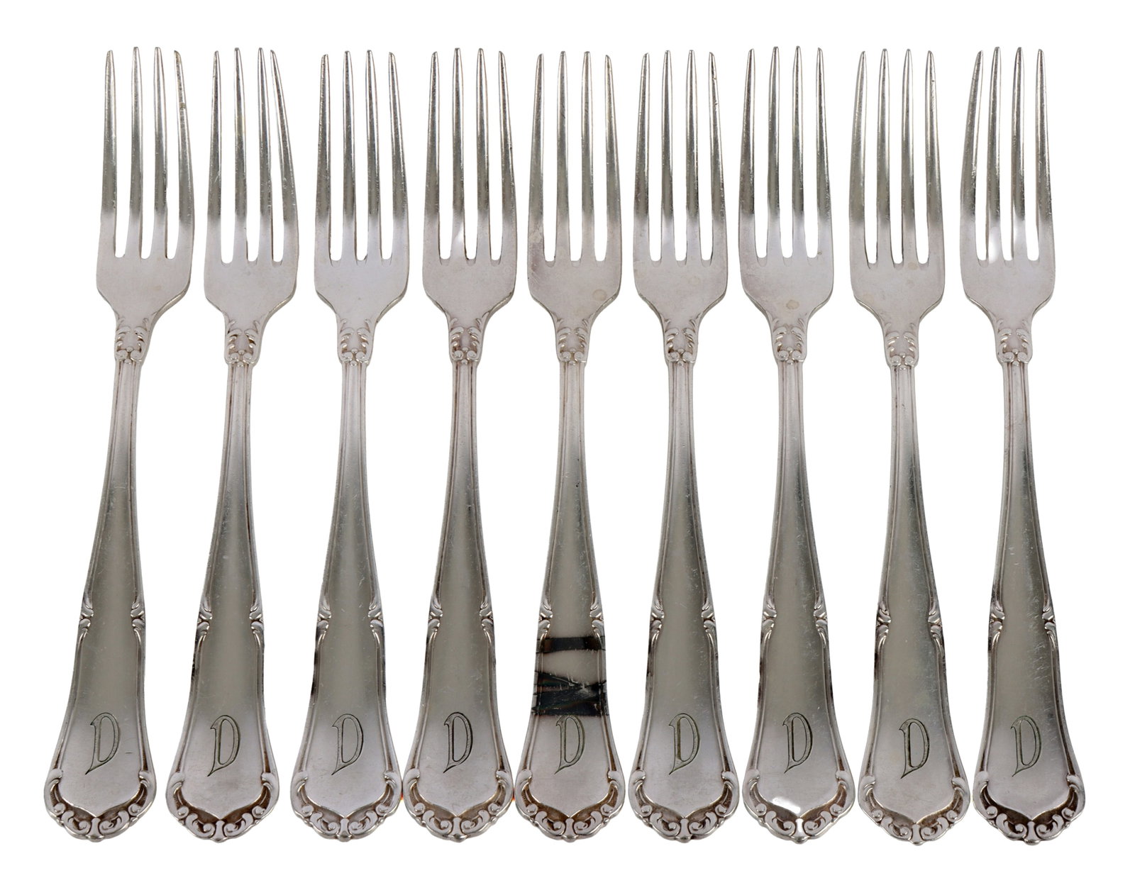 WWII German Dachau Mess Hall Forks Lot of 9: Wellner patent 90 30 marked. Engraved "Hauptspeisesaal im Dachau Konzlager Eigentum von Oberbayern Standarten" Measure 7 inches.