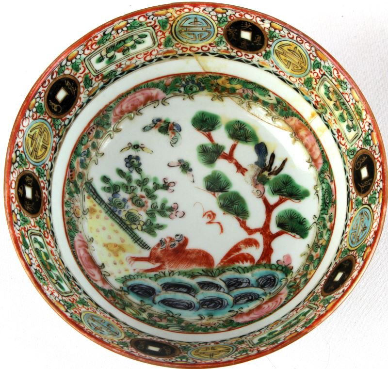 LOT OF ANTIQUE CANTON FLORAL AND COIN CHINA DISHES: 26 piece 19th century Canton china mix of floral, floral with dragon, and coin pattern. One teacup, 2 saucers, 4 dinner plates 10.25 inches, 2 saucers 5.5 inch, 2 rice bowls with lids, 1 serving dish