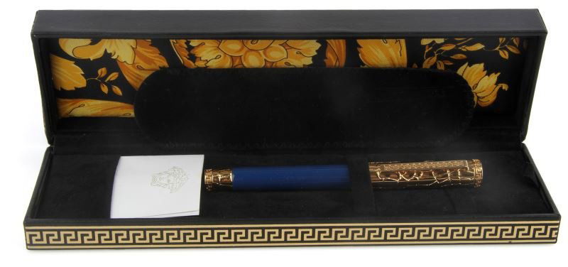 VERSACE MEDUSA BLUE ROLLERBALL PEN: Giani Versace Medusa blue with gold lacquer in it's original case and box with original receipt from Neiman Marcus retail value $680.00. Used in excellent condition.
