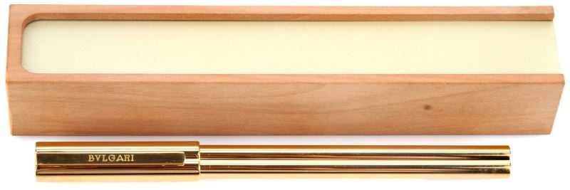 BULGARI GOLD-PLATED BALLPOINT PEN: Bulgari gold-plated clover shaped ballpoint pen in original box.