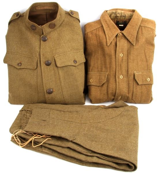 WWI US ARMY INFANTRY WARNER BROS. MARKED UNIFORM: WWI US Army Infantry uniform turned into a movie prop. Uniform includes wool jacket, tunic, and trousers. Jacket is marked with the rank of sergeant with two gold chevrons on the left arm. Jacket is a