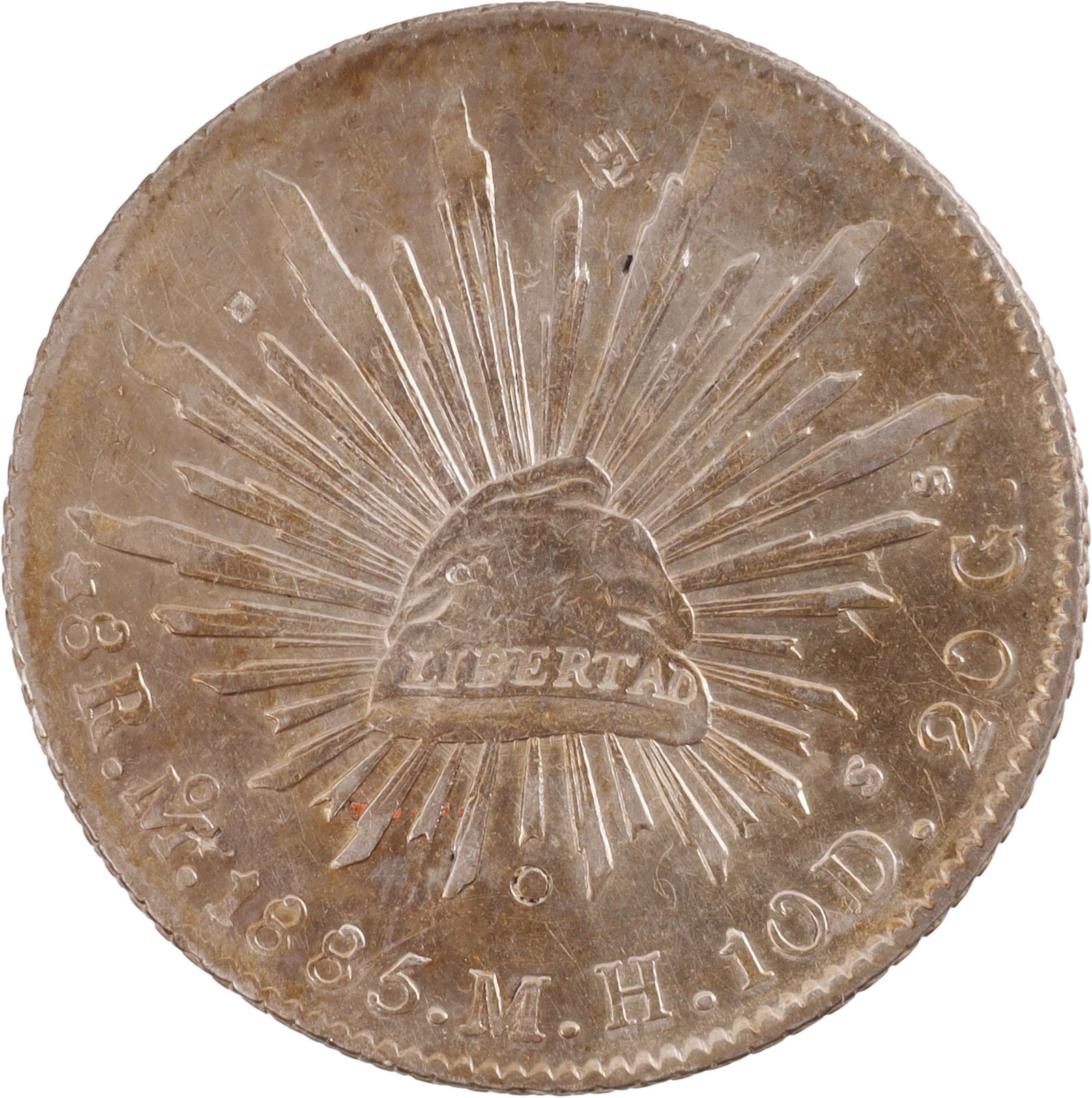 1885 Mexico 8 Reales Mexico City Mint Silver Coin: Chop marked. 1885 Mexican Reales (8). Cap and Rays design. 26.8 grams 0.903 Silver. Metal: .903 Silver Country of Origin: Mexico Year Minted: 1885