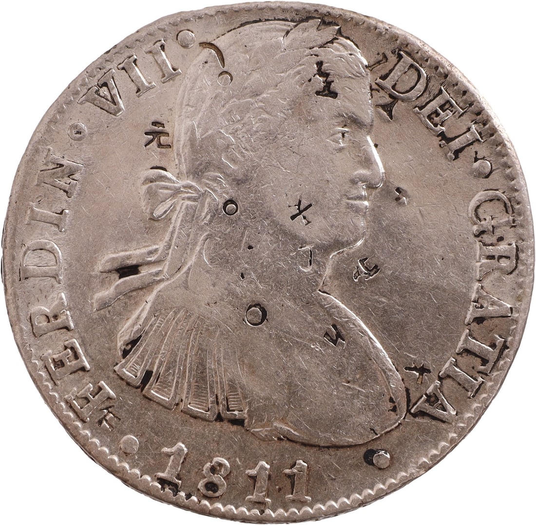 1811 Spanish Colonial 8 Reales Silver Coin: Chop marked, east India/ Asia. Spanish Colonial Reales (8). Ferdinand VII obverse. 27 grams .903 Silver. Metal: .903 Silver Country of Origin: Spain Year Minted: 1811