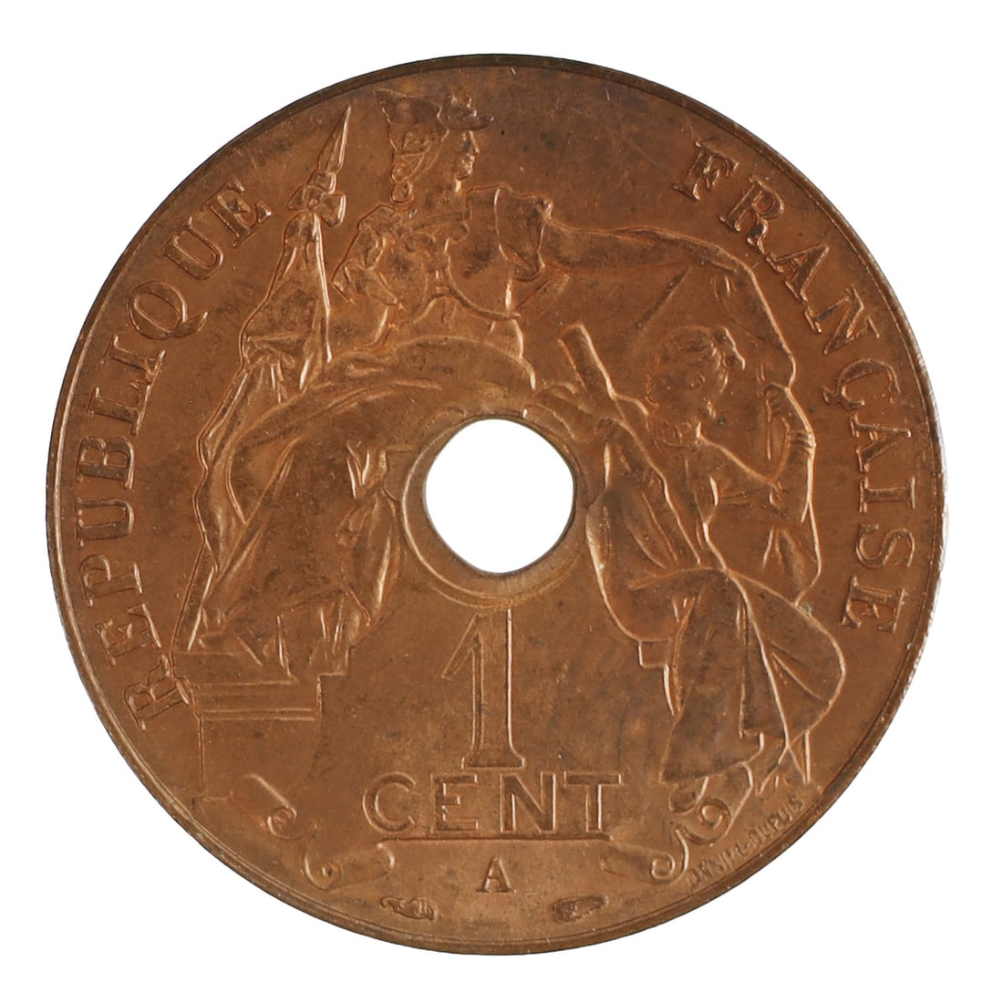 1938 French Indochina Cent Bronze Coin: Bronze 1938 French Indochina Cent. Original Red Luster and Central Hole. Paris Mint (A). Metal: Bronze Country of Origin: French Indochina Year Minted: 1938