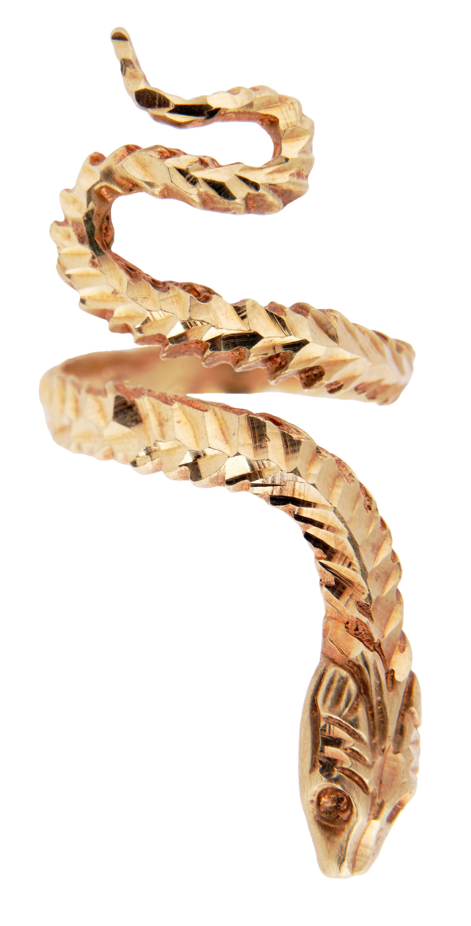 Diamond Cut Snake Serpent 14K Yellow Gold Ring: 14K yellow gold ring of a coiled snake diamond cuts create the look of scales. Measures at largest points 1.68x0.6x0.14 inches. Size 7 ring can be adjusted. Stamped 14k. This lot has a reserve.