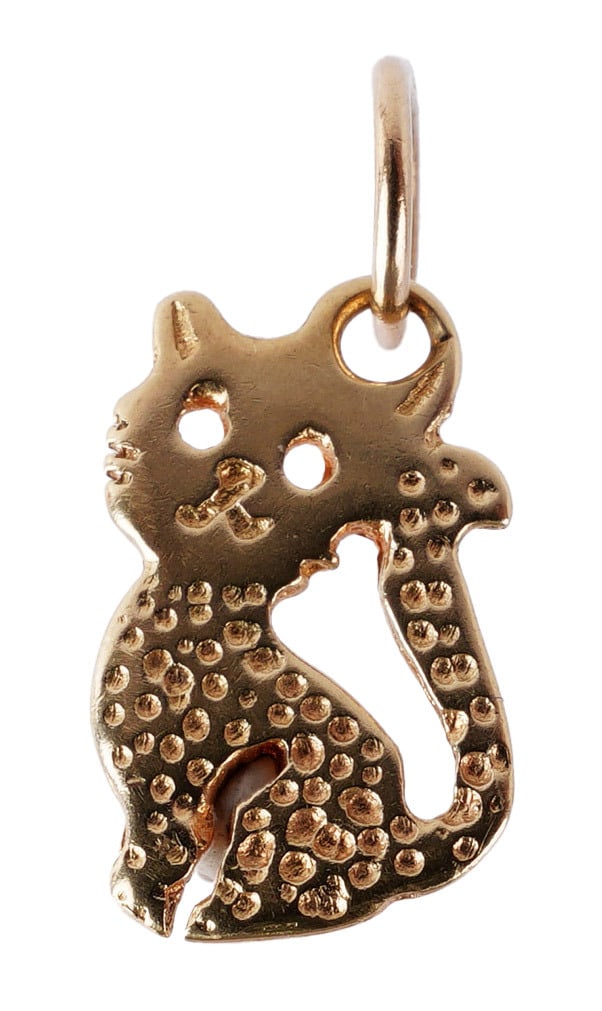 Sitting Cat Pendant Charm 14K Yellow Gold: Small 14K yellow gold cat charm or pendant. Stamped "14K" on ring. Measures 1/2 inches. This lot has a reserve.