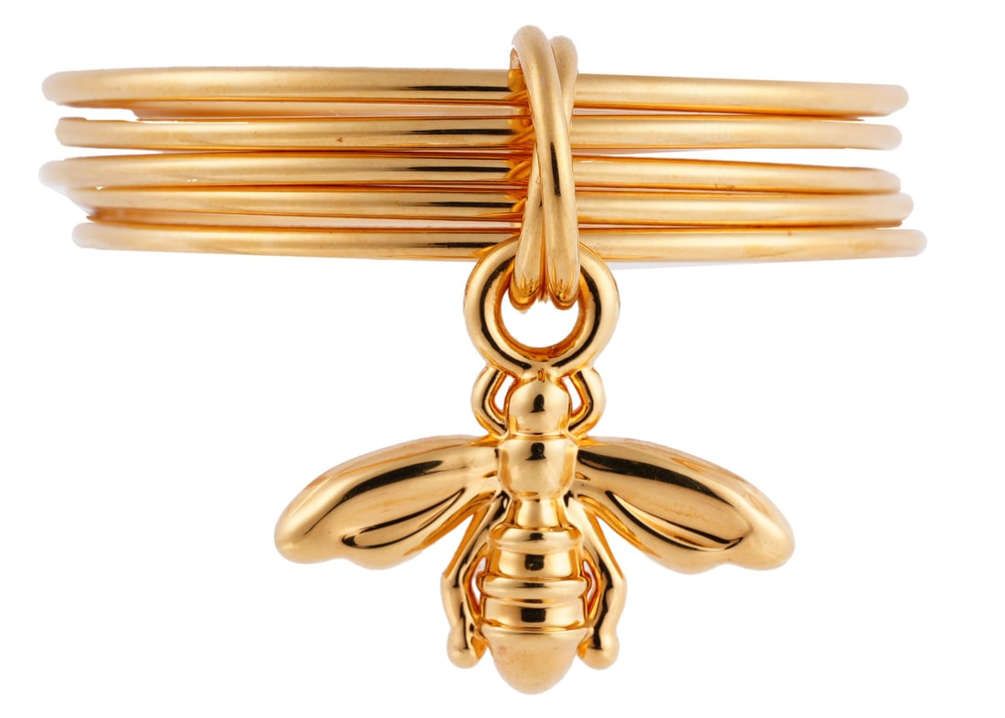 Soave Oro 14K Gold Electroform Bee Bracelet: 14K yellow gold electroform bracelet with resin core. Bracelet is a 5 ring bangle style with a bee charm. Stamped " 14K EF Soave Oro resin Italy." Measures 2.5 inches in diameter , Bee is 1.39x1.25x0.