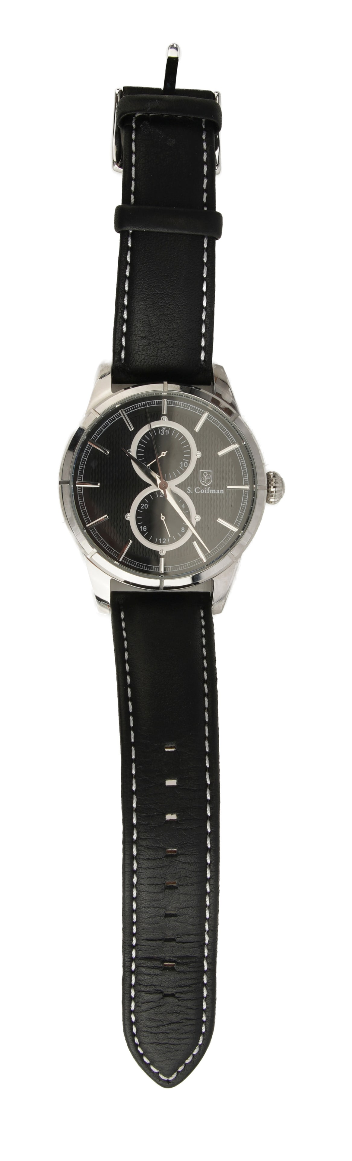 S. Coifman Model SC0454 Wristwatch: A men's wristwatch by S. Coifman (Model SC0454). The timepiece features a stainless steel case paired with a black leather strap and a tang clasp. The round black dial is designed with silver-tone han