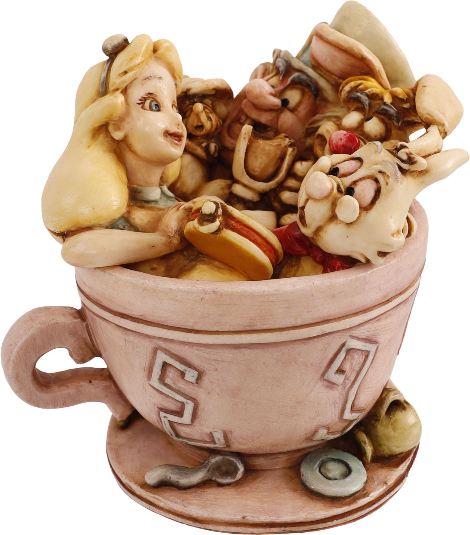 Harmony Kingdom Teacup Twirl Alice Disney: A 2002 resin box figurine titled 'Teacup Twirl' by Harmony Kingdom. Sculpted by Robert King, the piece belongs to the Disney collection and depicts characters from 'Alice in Wonderland' riding in a