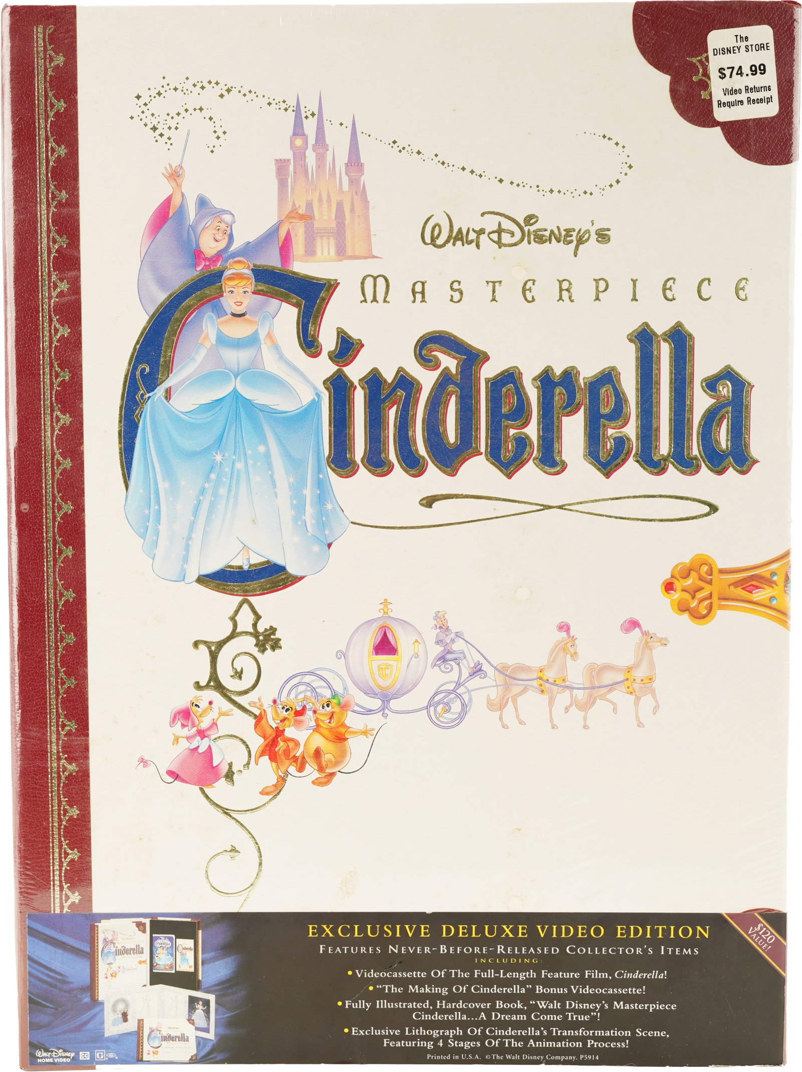 Cinderella Exclusive Deluxe Video VHS Disney: An exclusive deluxe video edition of Walt Disney's Cinderella. Accompanied by making of documentary, 48-page hardcover book, and exclusive lithograph.