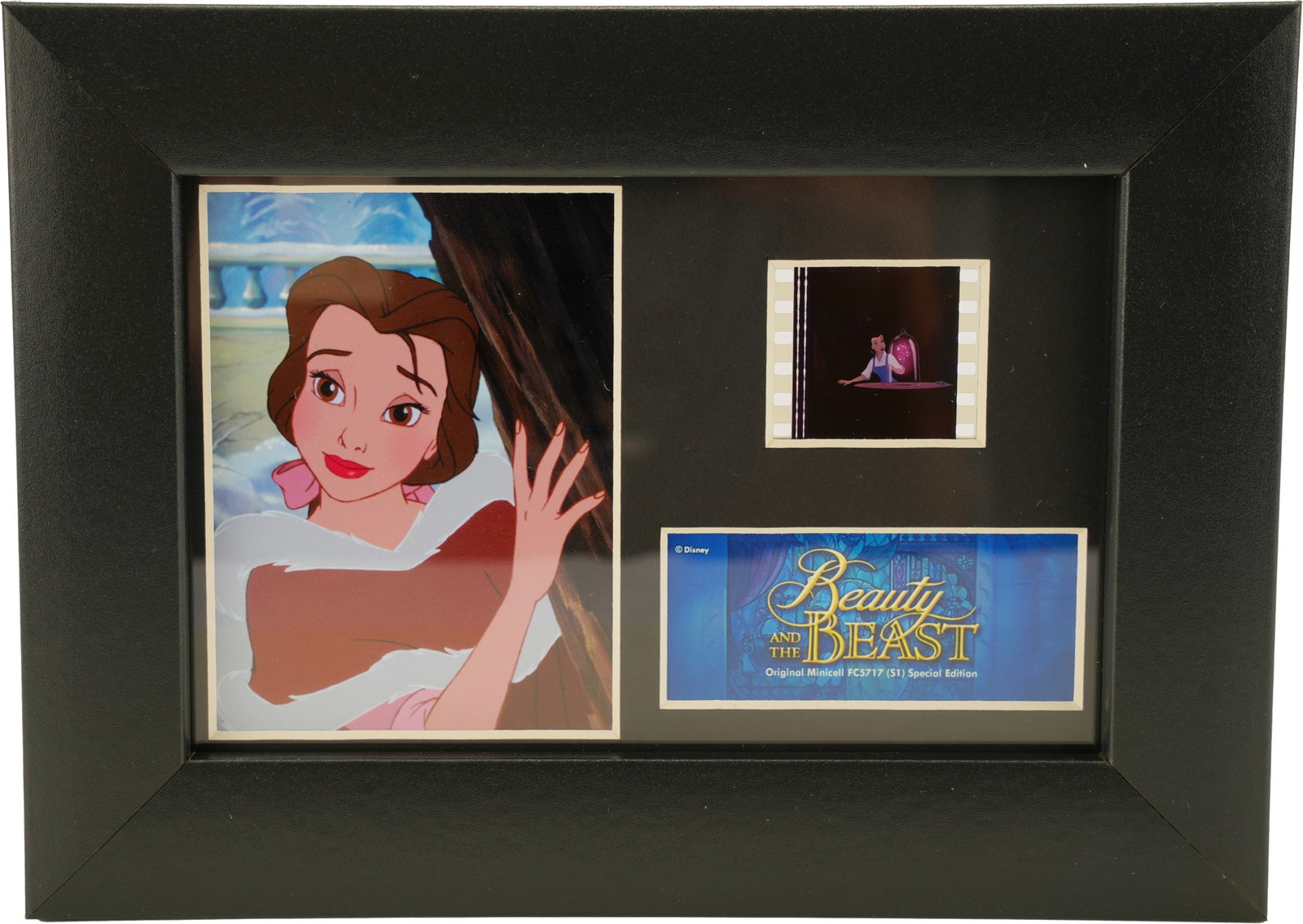 Beauty and the Beast Animation Minicell Disney: A limited edition framed minicell film cell presentation featuring Disney's 'Beauty and the Beast' by Trend Setters Ltd. The collectible piece showcases an authentic strip of 35mm film from the 1991 a