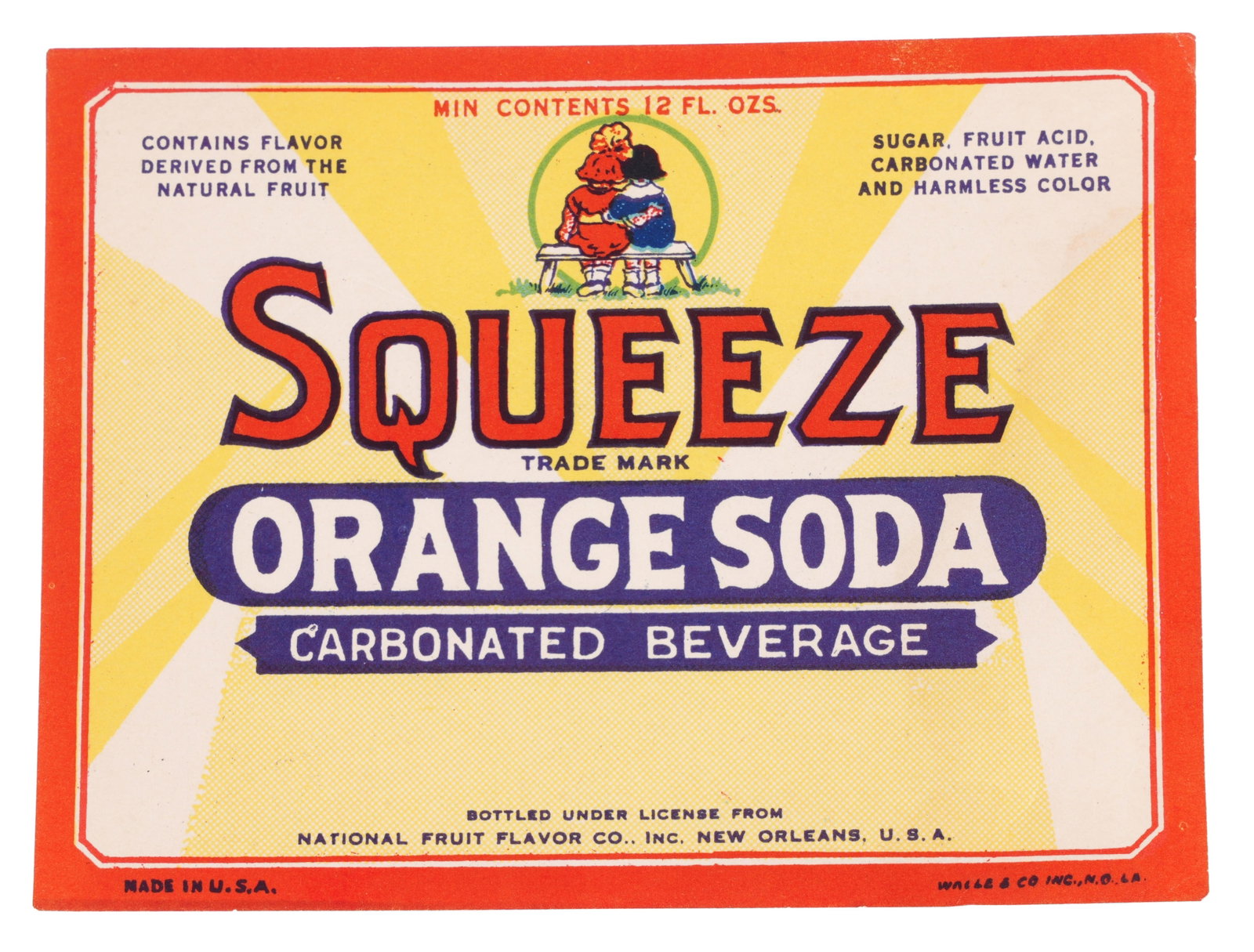 Squeeze Orange Soda Antique Bottle Label: An antique label for Squeeze Orange Soda. Depicts two children facing away from the viewer towards a sun. 4x3.1 inches.