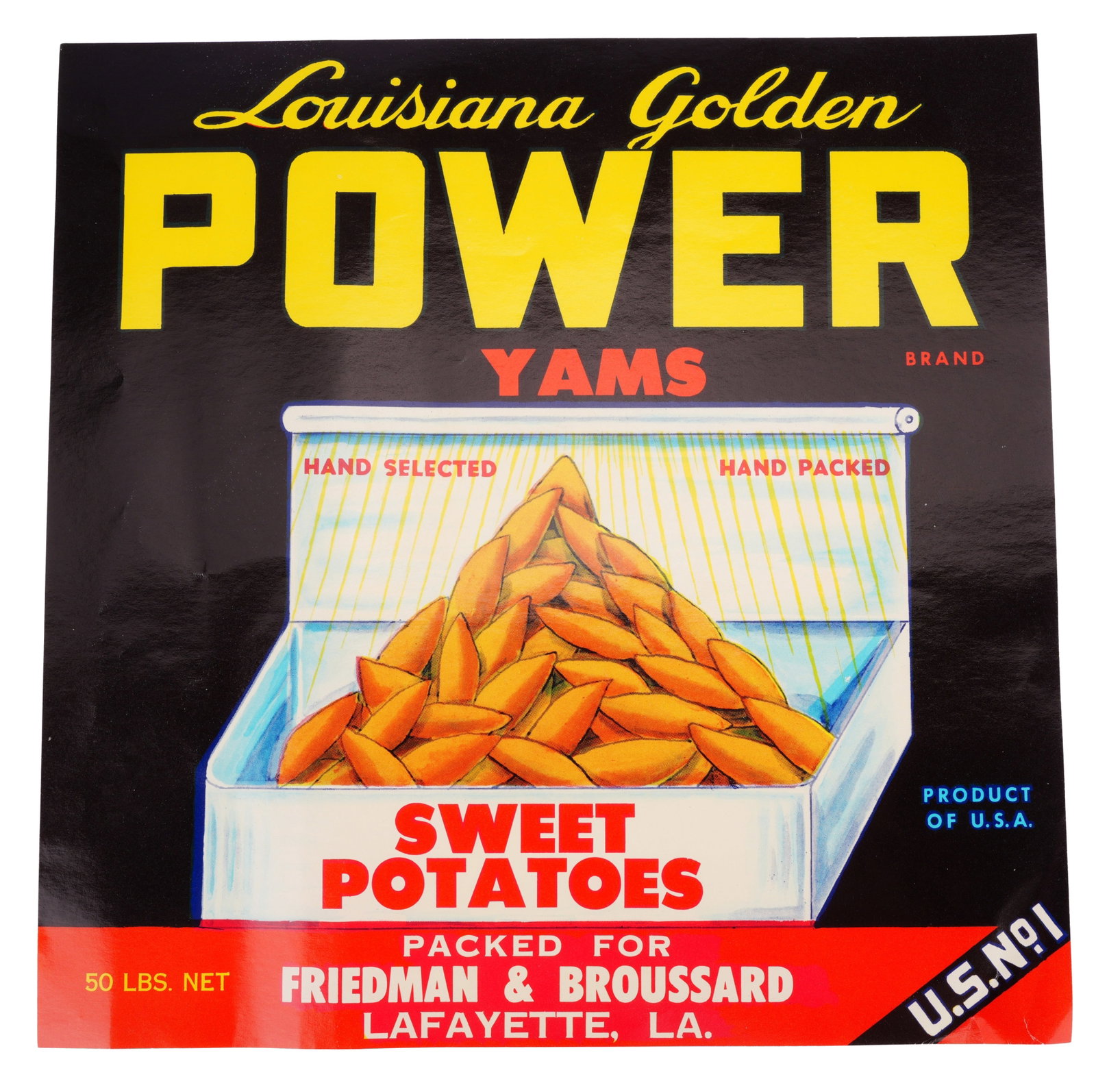 Joe Sammy's Yams Advertising Label Black Americana: A label for Joe Sammy's Brand Louisiana yams, featuring a black American figure holding a box of yam's bearing the same label as the label. From Sunset, Louisiana, "The World's Largest Sweet Potato Ce