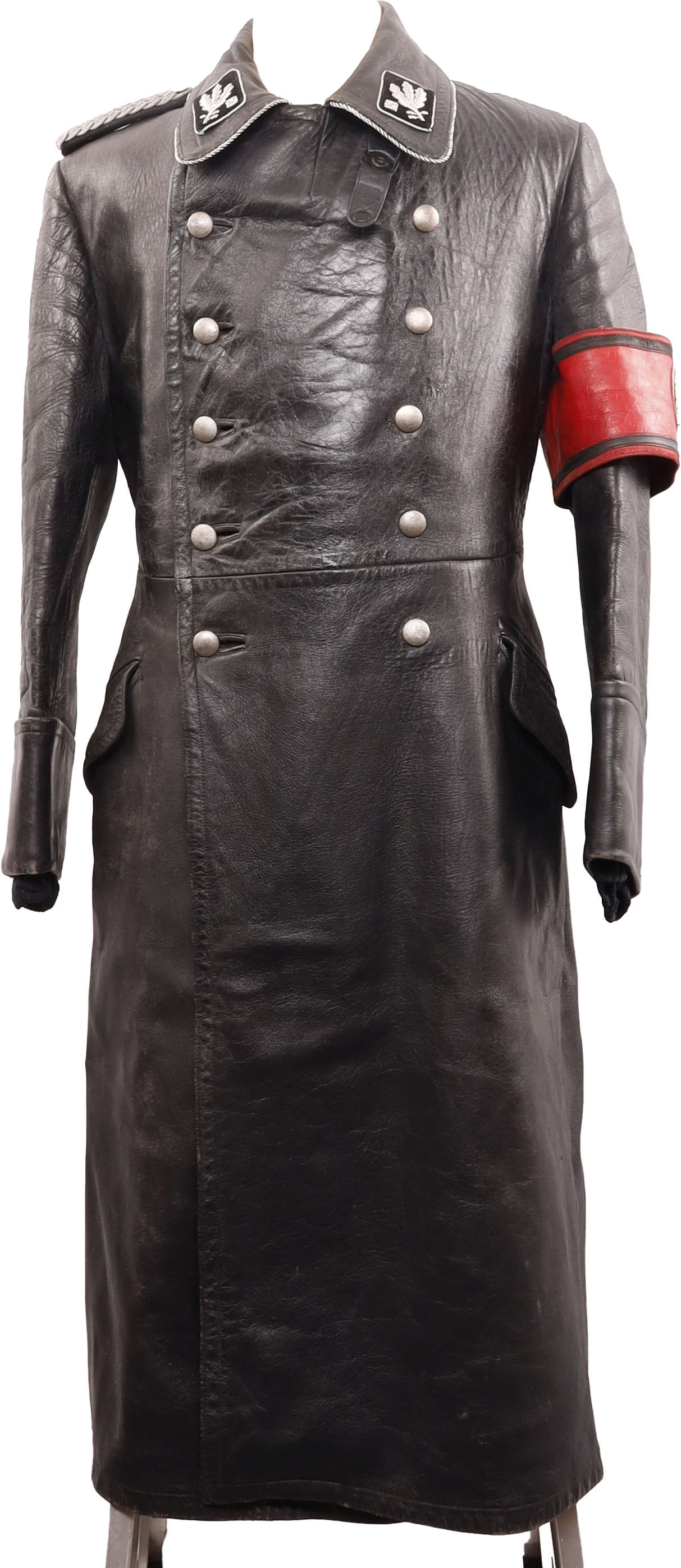 Allgemeine-SS Black Leather Overcoat General WWII: Black leather overcoat with aluminum wire piping on collar, wool over buckram collar tabs featuring aluminum wire oak leaves for General's rank. Right shoulder features braided shoulder board. Armband