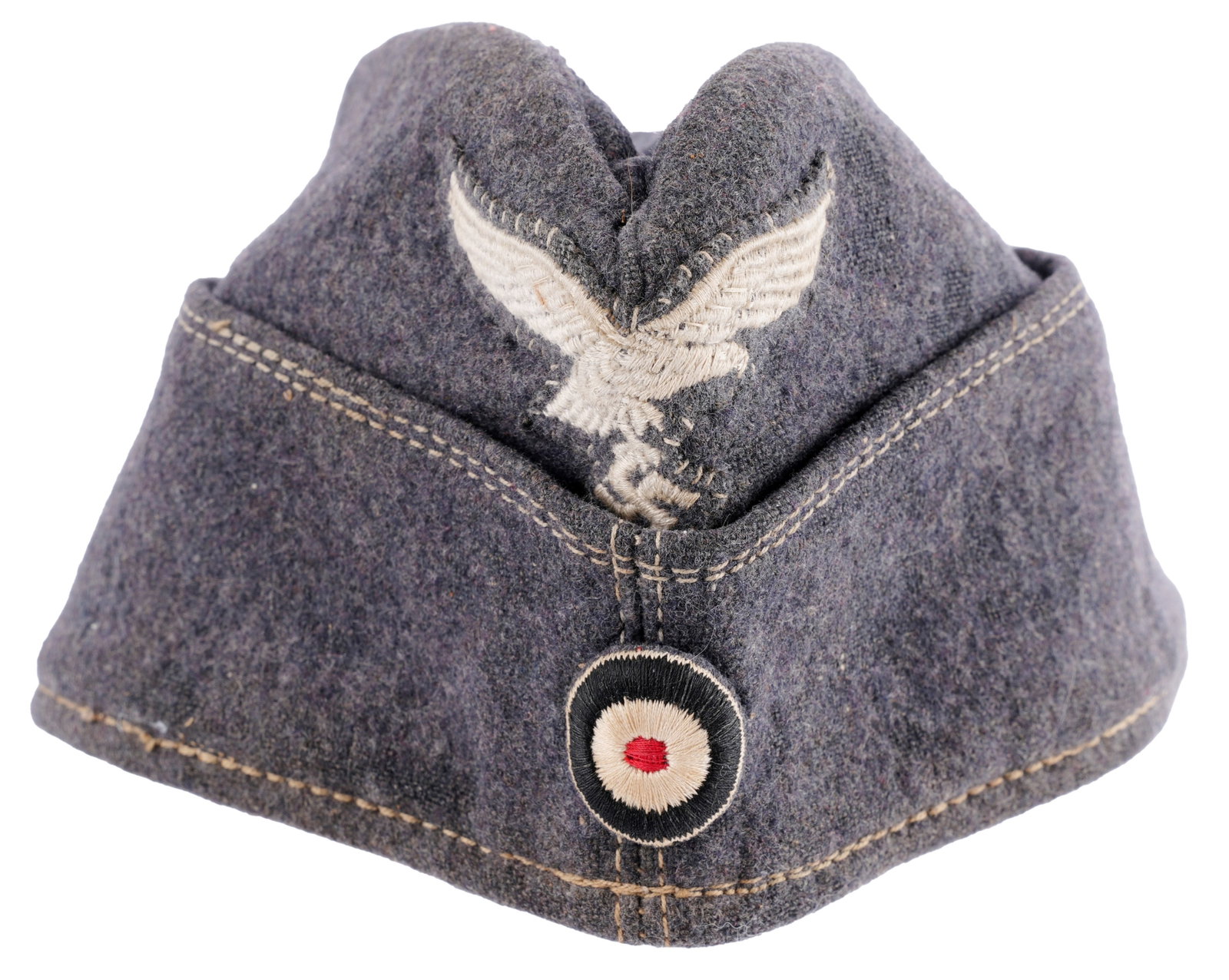 Luftwaffe EM Overseas Cap WWII German Reich: Blue grey wool cap with Reichsadler and cockade. Non-fluorescing. It measures 11 inches.