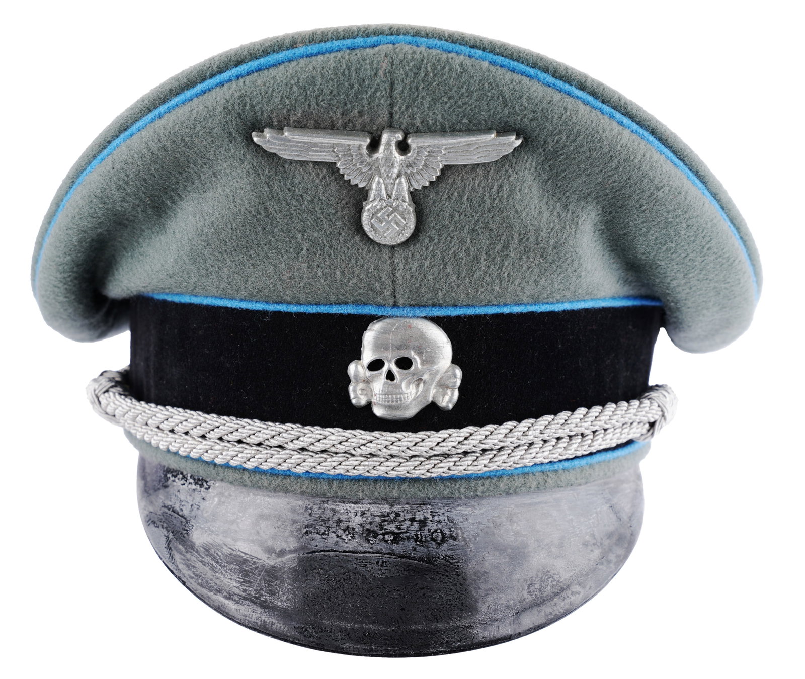 Waffen SS Medical Officer Visor Cap WWII German: Wool cap with blue piping. Reichsadler and totenkopf pins. Aluminum wire chin strap. Hard leather visor. Silk liner and Karl Thiele tag. Leather sweatband embossed. Interior diameter 8 3/8 inches but 