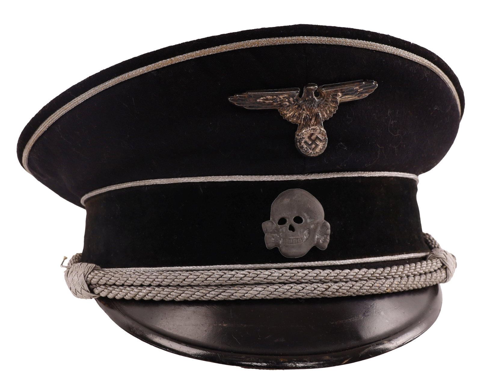 WWII Allgemeine SS Officer Peaked German Visor: Black wool construction with aluminum wire piping and aluminum wire chin strap Black velvet band with additional piping. Hard lacquered bill with RZM ink stamp. RZM tag numbered 143 and 38344.