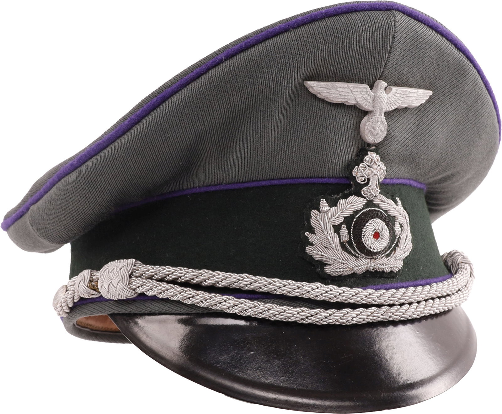 WWII Chaplain Officer Visor Hat German Reich: Field grey gabardine construction with purple piping. Zinc eagle pin. Bullion cockade and cross patches. Bullion chin strap as well. Silk lining on interior with leather sweatband. Size 59. Some
