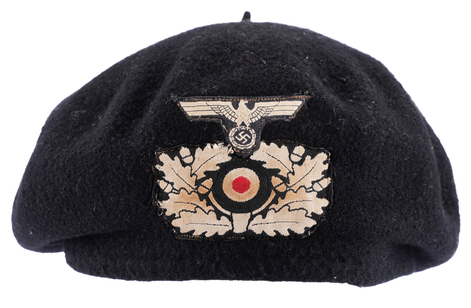 WWII German Panzer Tanker Beret: Black beret of a German Heer Panzer crewman. Wool construction with Reichsadler and cockade patches. It measures 10 inches approximately. Unauthenticated, sold as is.