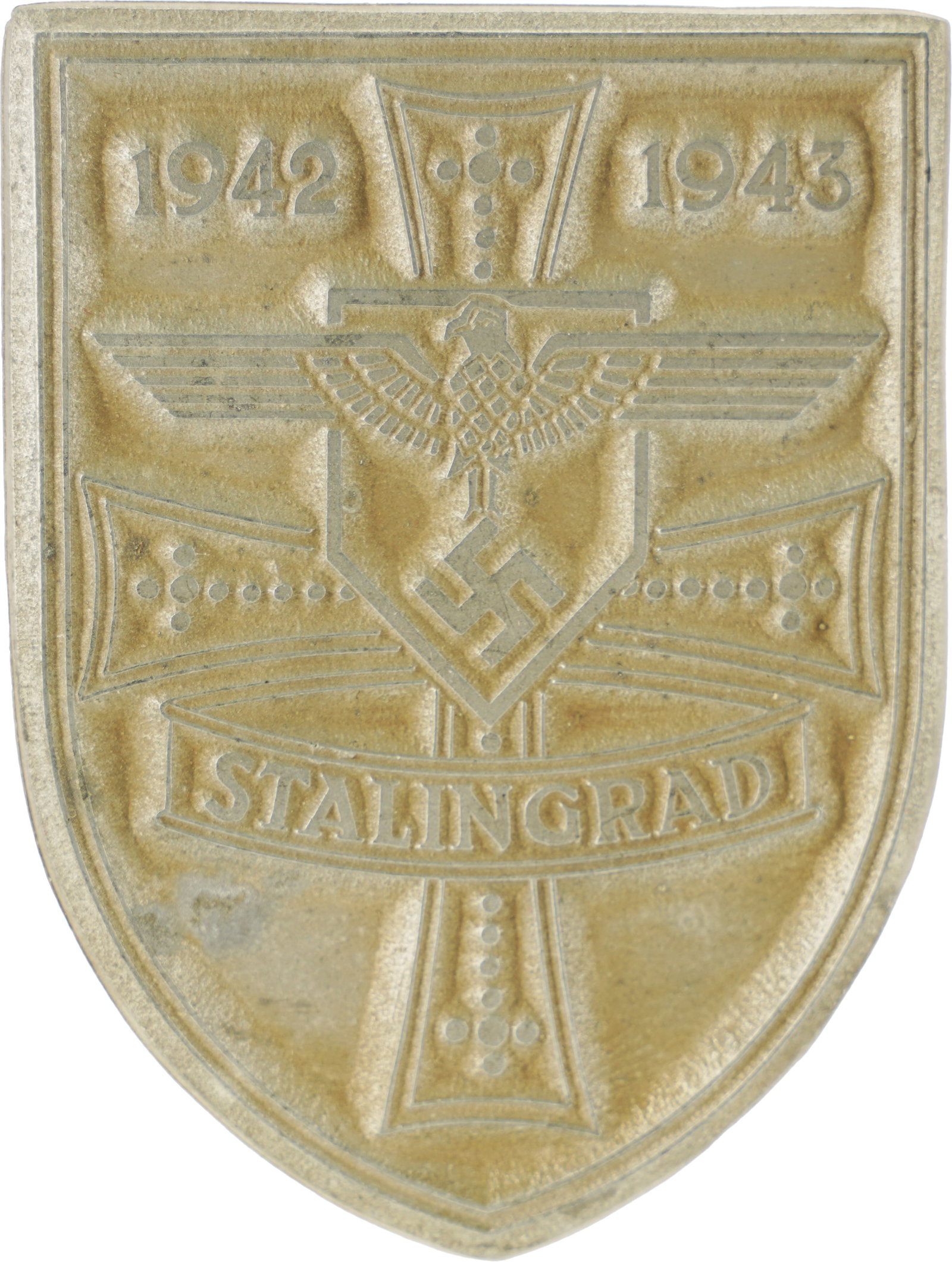 Stalingrad Shield Badge WWII German Reich: Stalingrad Shield (Stalingradschild) Badge. Zinc construction; awarded 1942-1943. Measures approximately 2 7/16 inches. This lot has a reserve.