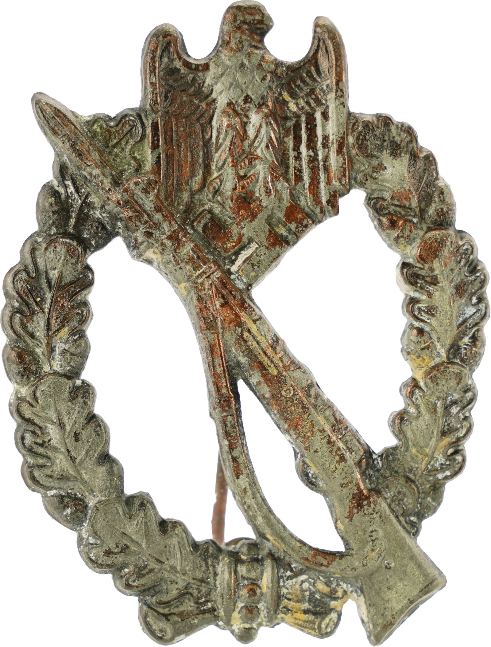 Infantry Assault Badge WWII German Reich: Infantry Assault Badge. Bronze construction w/ plating. No maker's mark. Measures 2 1/2 inches. This lot has a reserve.