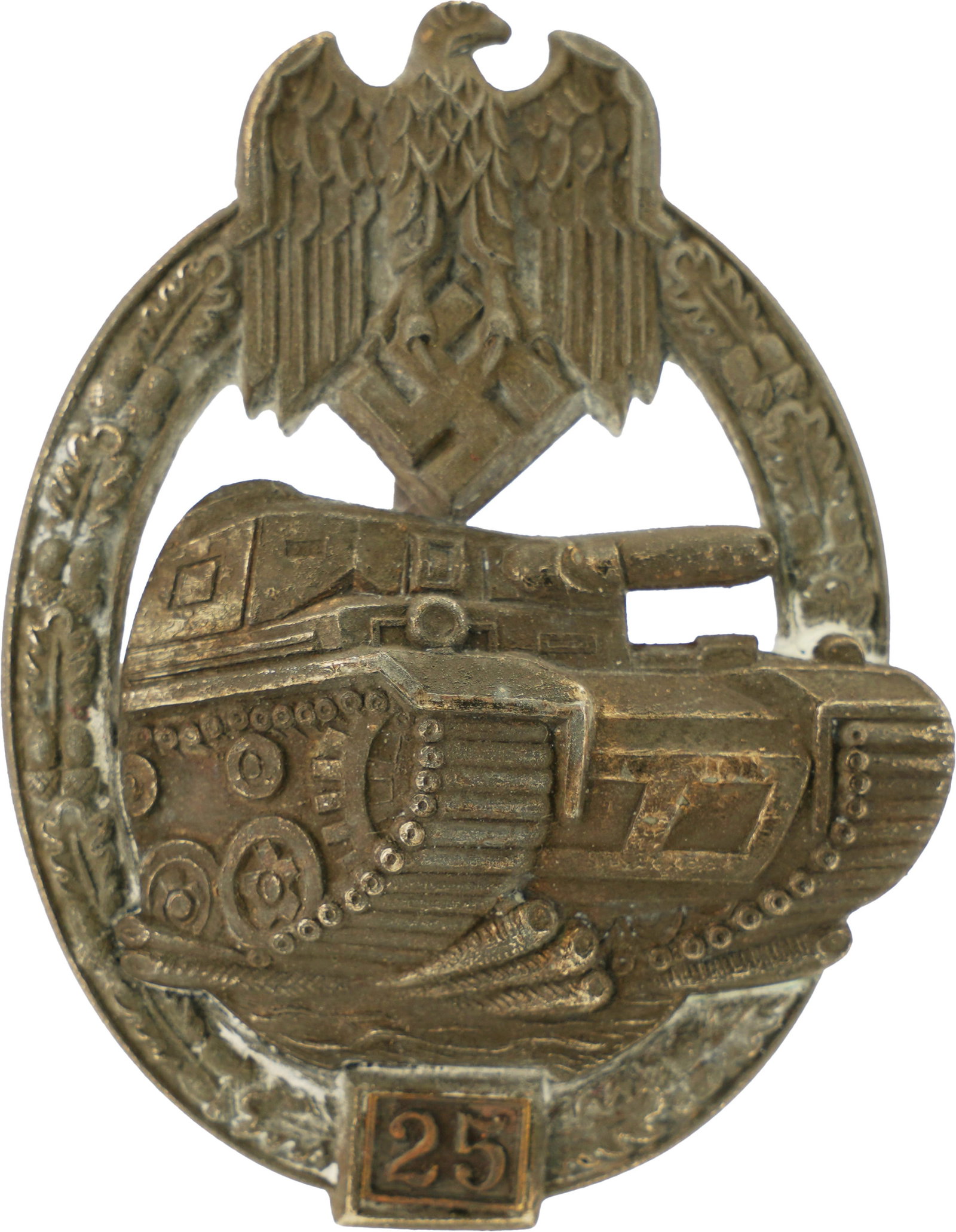 Panzer Badge 25 Engagements WWII German Reich: Army Panzer Assault Badge for 25 engagements. Zinc construction; dual riveted. Pin is marked 925. Measures approximately 2 1/2 inches. This lot has a reserve.