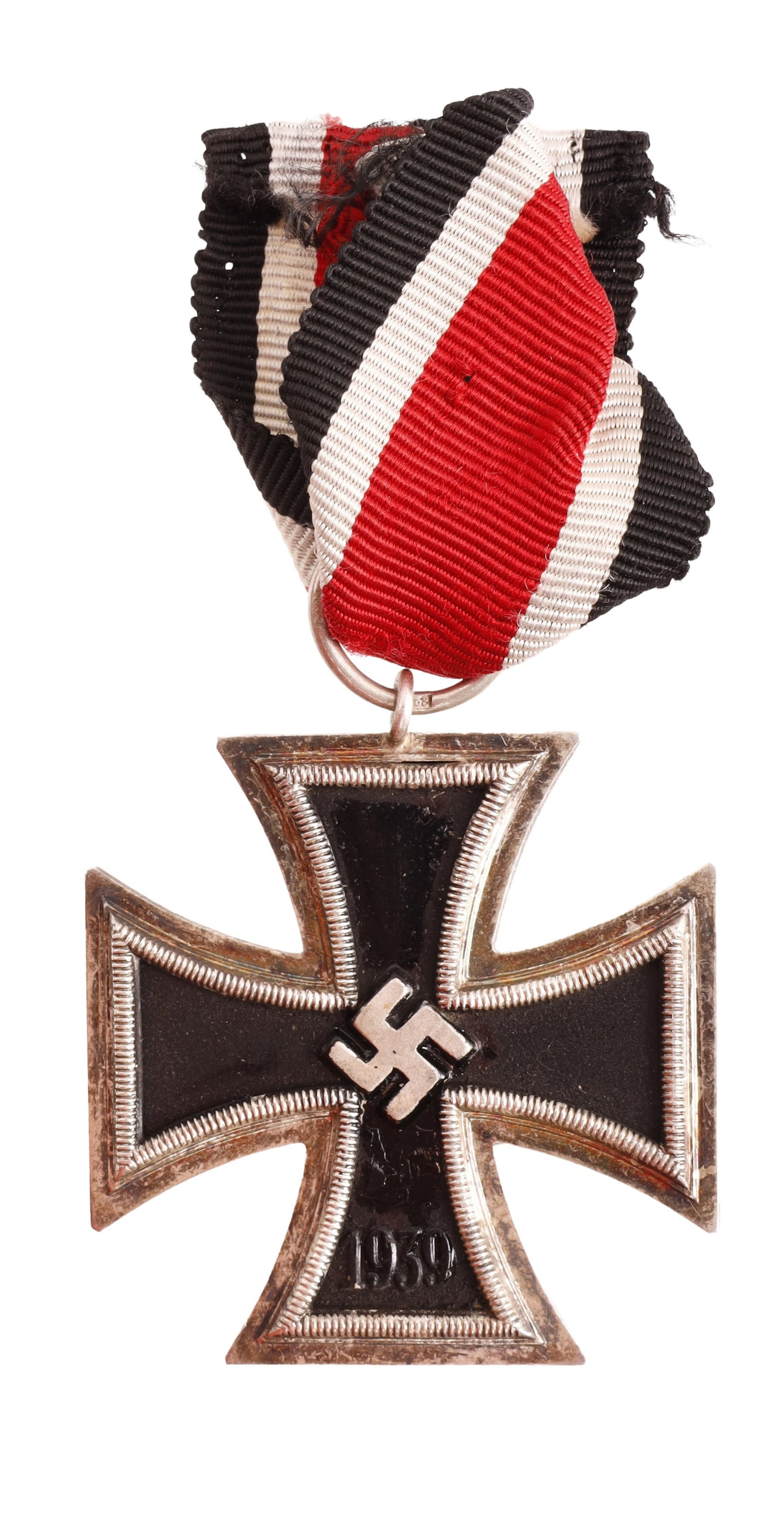 WWII Iron Cross 2nd Class German Reich: Multi-piece construction with lacquered magnetic core and silver plated frame. It measures 1 5/8 inches. Ribbon ring marked L/58. This lot has a reserve.