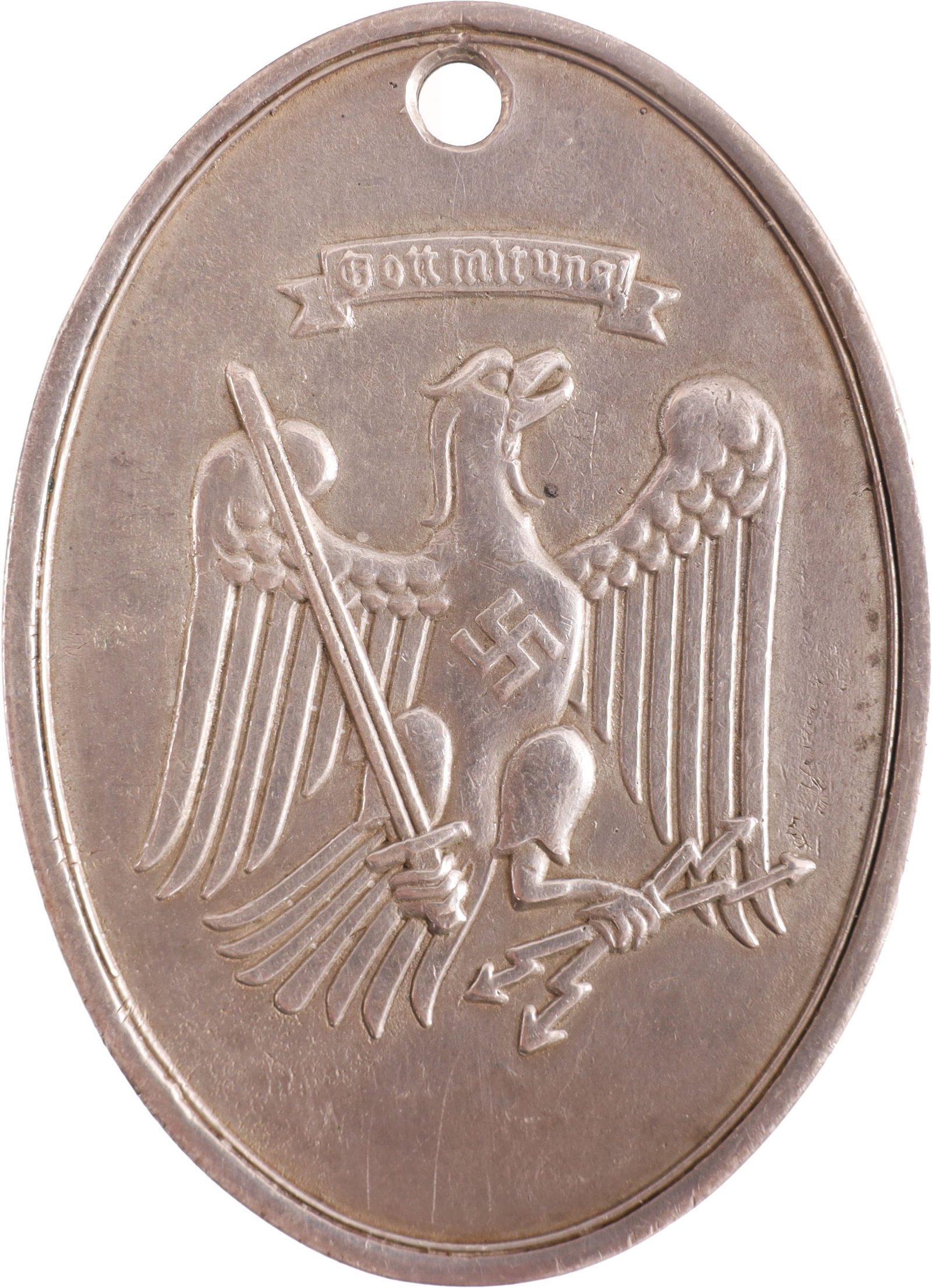 Berlin Kripo Warrant Disc WWII German Third Reich: A warrant disc for a member of the German Kripo during the Second World War. Front shows eagle clutching a sword and lightning bolts, back reads Staatl. Preuss Krim Polizei Berlin, with an etched '16.