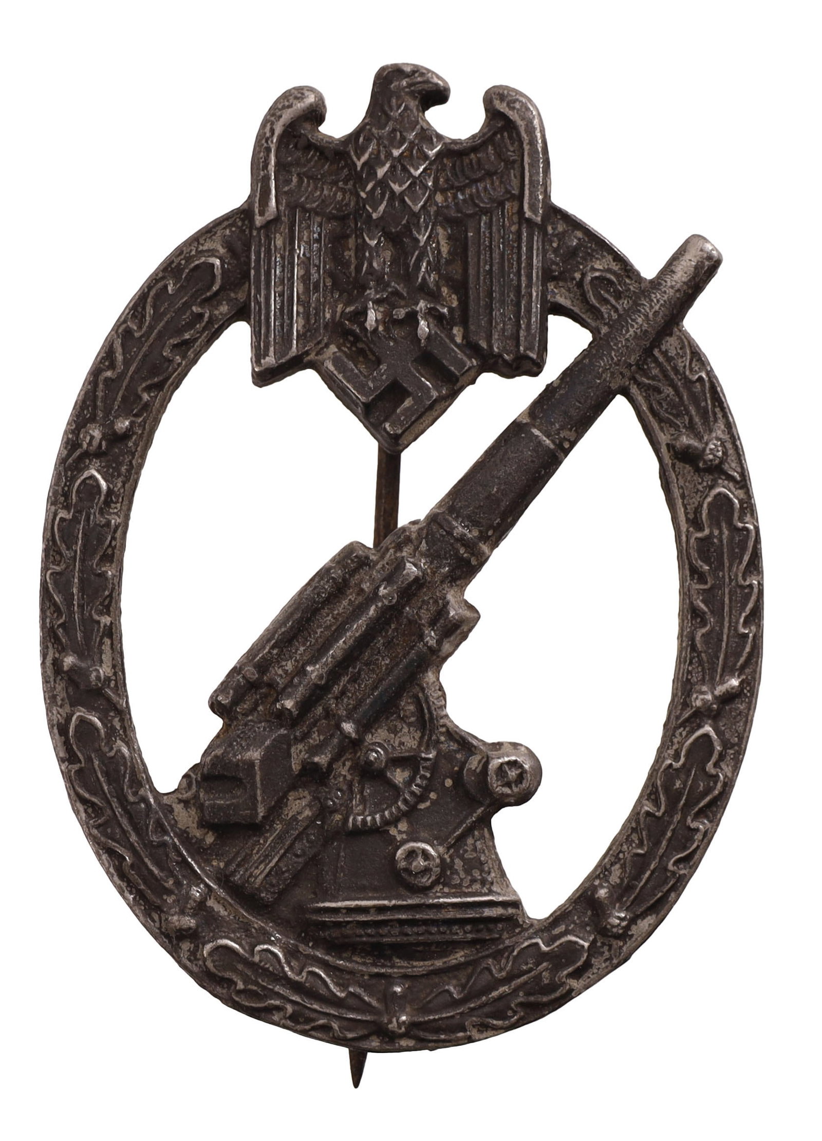 Wehrmacht Flak Badge Zinc Unmarked WWII German: Wehrmacht Flak Badge. Solid zinc construction. Reverse has vertical round wire pin with sheet metal hinge and crimped round wire catch. Gross weight 27.2 grams.