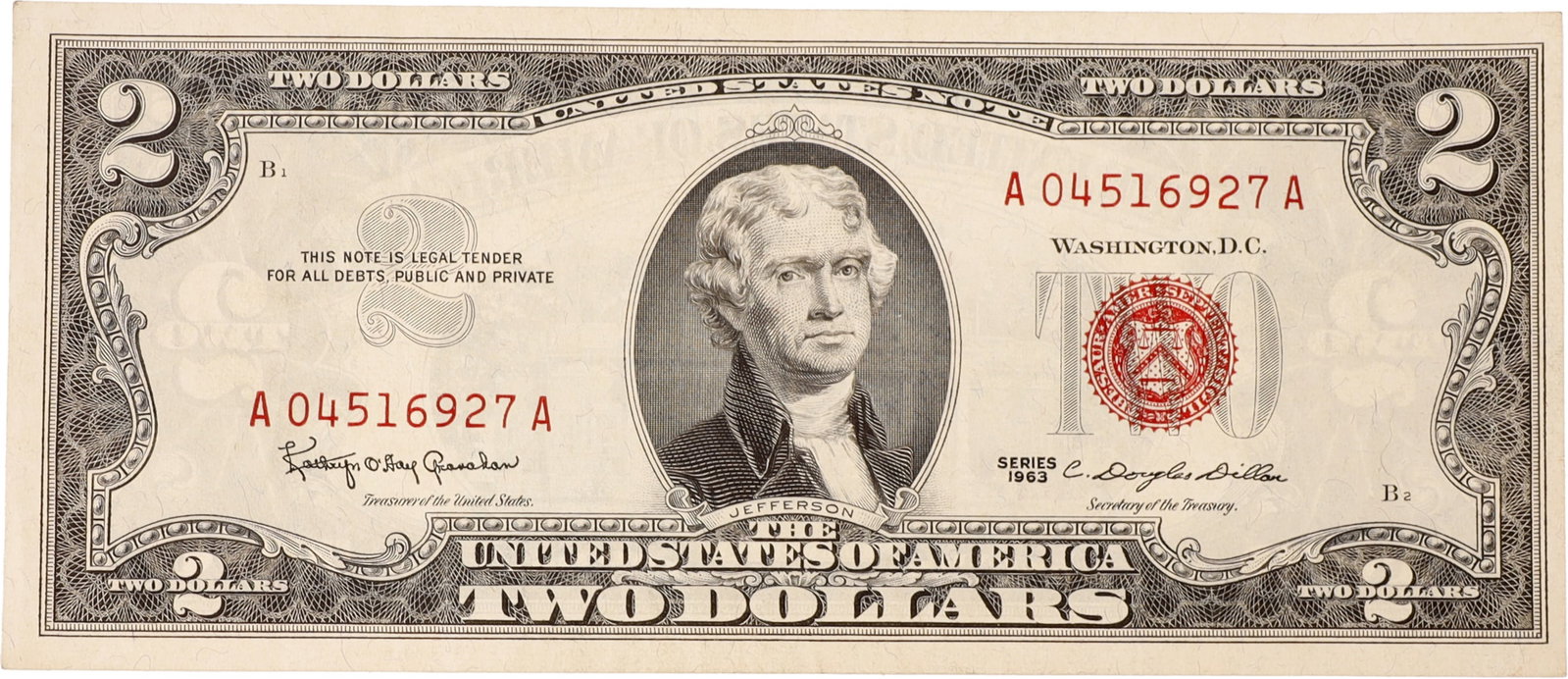 US $2 Red Seal Note Series 1963: Serial number A 04516927A.