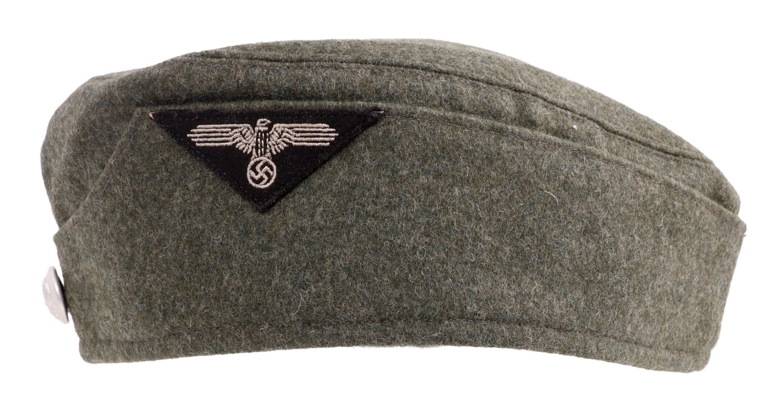 SS M1934 Forage Cap or Side Cap Wool Schiffchen: Historical interpreter's WWII German SS M1934 side cap "schiffchen" of field gray wool with aluminum Totenkopf button and embroidered eagle insignia. Reverse of button has Assmann maker's mark and "20