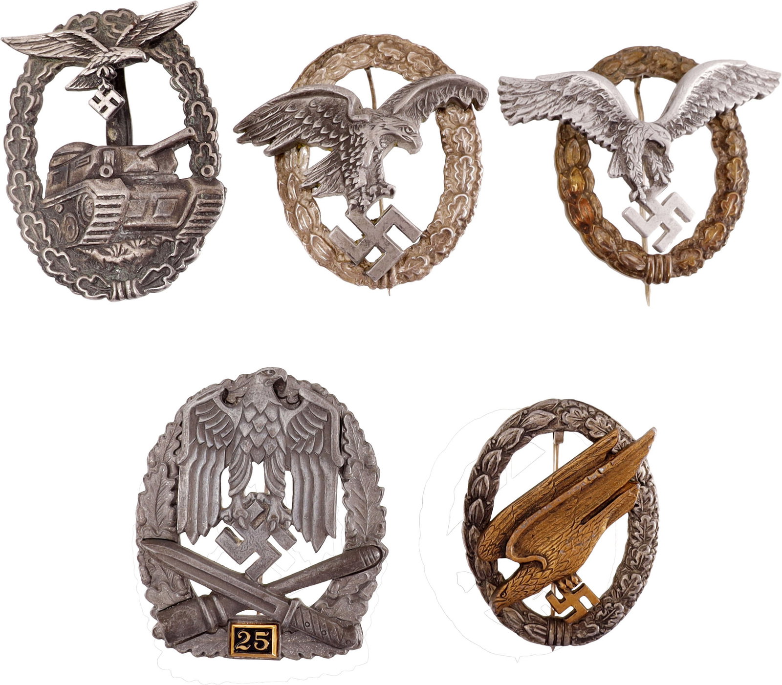 WWII German Luftwaffe Badge Lot of 5: Lot of five (5) award badges, primarily Luftwaffe.