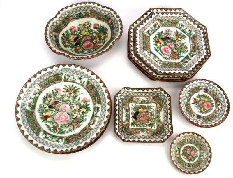 13 PIECE ANTIQUE CANTON CHINA FLORAL & BUTTERFLY: 10 piece canton floral and butterfly with triangular edging pattern consisting of 2 round plates 9 inches, 3 octagonal dishes 9 inches, 1 octagonal dish 8 inches, 1 octagonal dish 7 inches, 1 serving