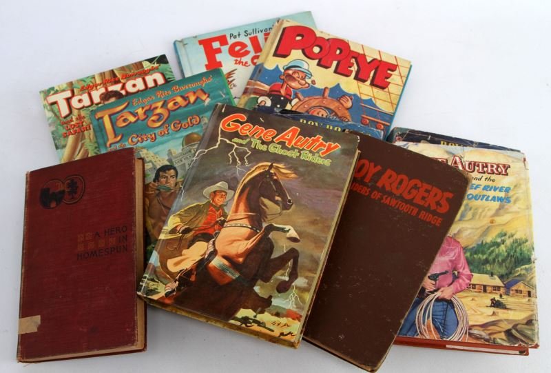 GROUPING OF VINTAGE CHILDREN'S BOOKS: Group includes Popeye Wonder Books, Pat Sullivan's Felix The Cat, Roy Rogers and The Gopher Creek Gunmanx2, Tarzan and the City of God, Tarzan and the Lost Safari, A Hero In Homespun, Gene Autry and t
