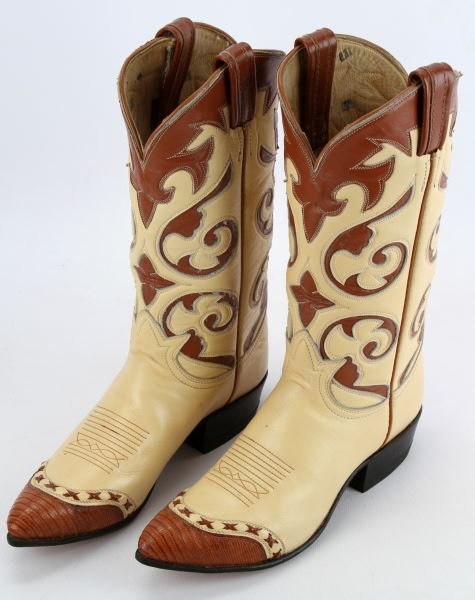 WOMEN'S TONY LAMA WESTERN COWBOY BOOTS: These Tony Lama boots are light tan over brown leather stocks with lizard at the toe only. Boots measure 14 inches tall and 11 inches from heel to tip of toe. Overall in very good to excellent conditi