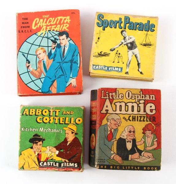 VINTAGE 9MM CASTLE FILMS & 2 BOOKS: Grouping consist of Abbott and Costello Castle film and Sport Parade Castle film, both are 9mm headline editions. Little Orphan Annie and Chizzler the big little book by Harold Gray and The Calcutta A