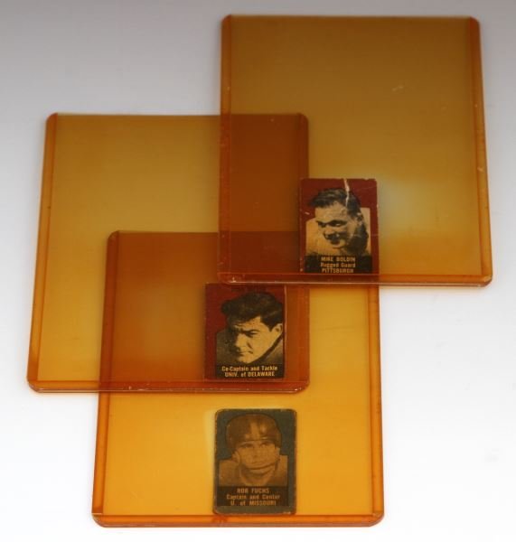 THREE 1950 TOPPS FELT BACKS #5, 27, 57: This group of Topps 1950 felt back cards includes #5 Mike Boldin with a tear on it, #27 card Bob Fuchs besides wear on edges in good condition, and #57 John Miller which is in good condition. All card