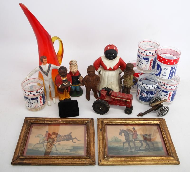 CAST IRON FIGURE BLENKO APOLLO LIBBY DRINK GLASSES: Mixed lot of cast iron figurines, Popeye, Mr. Peanut, Mose and Aunt Jemima, Evil Kineival, seven Apollo Moon Landing glasses, a Blenko vase, discolored, and more.