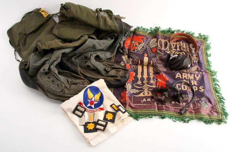 WWII US ARMY AIR CORPS BOOTS PILLOW CASE AND MORE: US Army Air Force gear: unissued General Electric foot warmers; Flight boots with heavy damage to the rubber soles, some staining, canvas in good condition; US Army Signal Corps radio operators leathe