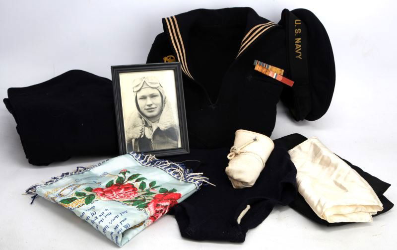 WWII U.S. NAVY CRACKER JACK UNIFORM & GEAR: Machinist Mate second class, Shang Hai Dragon embroidered sleeves, ribbons, Dixie Cup and dress hats, silk handkerchief and Friendship scarf, photo but uncertain id related to grouping, navy issue woo