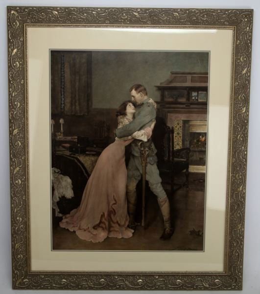 19TH CENTURY LITHOGRAPH BOER WAR BY JHF BACON: John Henry Frederick Bacon (English 1868-1914) signed in plate LR etching measuring 20 by 26 inches, newly matted and tastefully framed measuring 31 by 36 inches overall. Depicting a soldier reluctant