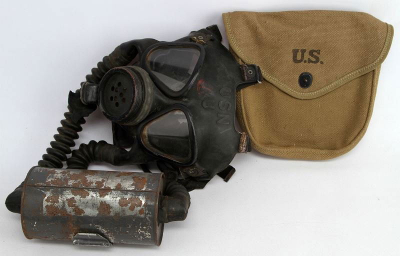 INDIAN WARS USMC NAVY ARMY BADGE THOMPSON WEB MORE: Military gear lot consisting of Indian Wars Marine Kepi badge, between the wars UCMC sterling marksman badge, WWII U.S. Navy gas mask, WWII web carrier for Thompson Machine Gun magazine carrier. Very