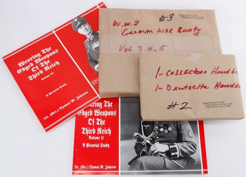 GROUPING OF 7 REFERENCE BOOKS LTC THOMAS JOHNSON: Grouping of seven German edged weapon reference books by LTC (Ret) Thomas M. Johnson of Johnson Reference Books. Titles include "Wearing the Edge Weapons of the Third Reich" volumes 1 & 2; "Collector'