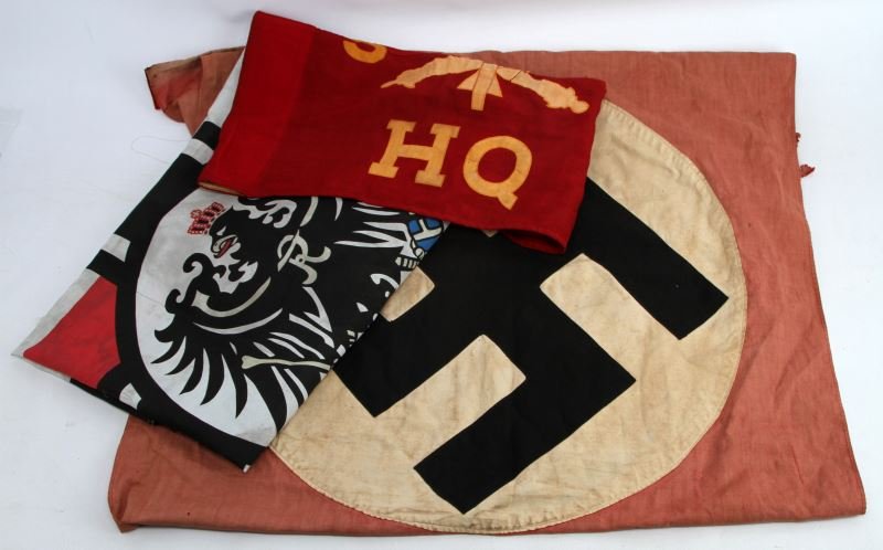 WWI WWII GERMAN & US MILITARY FLAG LOT OF 3: WWI Imperial German flag and WWII Third Reich flag, each heavily damaged 28x70 inches approximately, also Vietnam era HQ pennant measuring 19x28 it being well crafted multi part and in very good condi