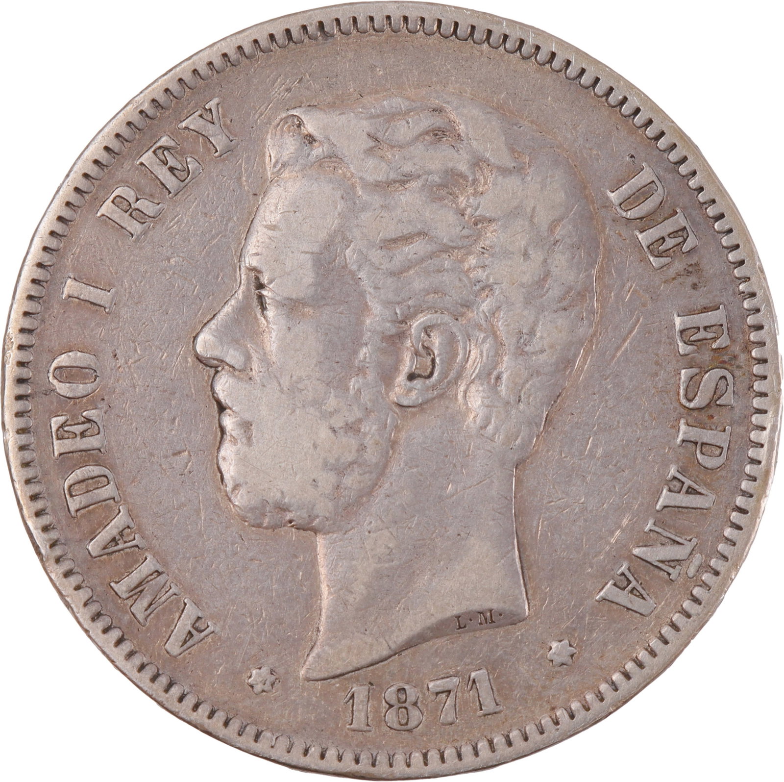 1872 Spanish 5 Pasetas Silver Coin: 1872 5 Pasetas from Spain. Amadeao I obverse. 1.46 inches diameter. 25g. 0.900 silver. Metal: Silver Country of Origin: Spain Year Minted: 1872