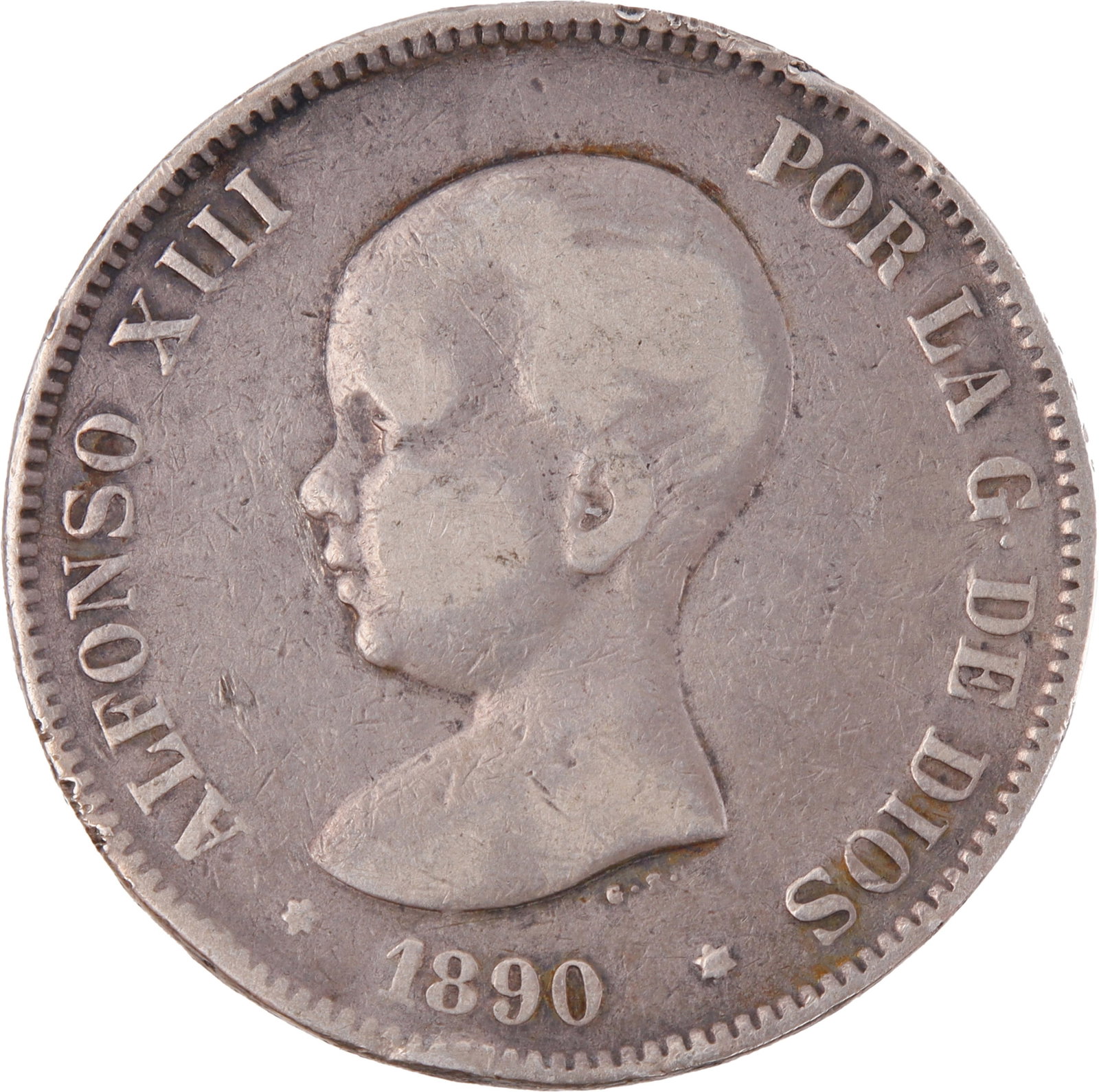 1890 Spanish 5 Pesetas Silver Coin: 1890 5 Pesetas from Spain. Baby Afonso XIII obverse. Madrid mint. 25g. 0.900 Silver. Metal: Silver Country of Origin: Spain Year Minted: 1890