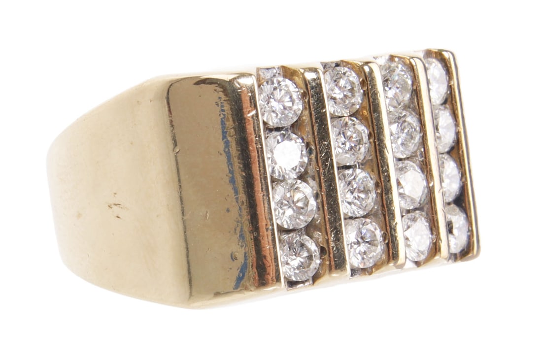 Men's 14K Gold Ring with Twelve Diamonds: A heavy men's statement ring cast in 14K yellow gold, featuring a wide, tapering shank with a smooth high-polish finish. The rectangular top face is set with twelve (12) round brilliant-cut diamonds a