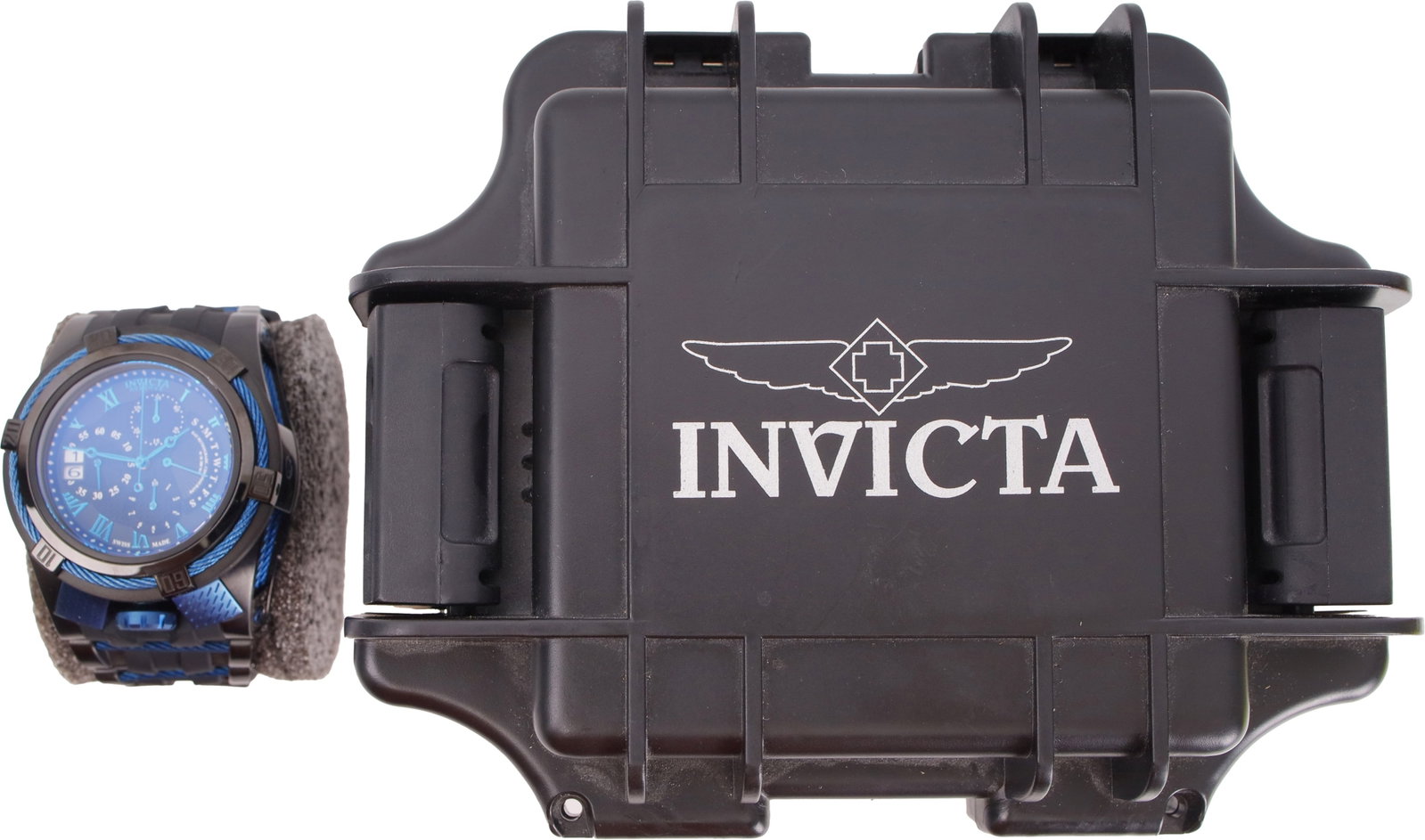 Invicta Reserve Bolt Zeus Men's Watch: Men's Invicta Reserve Bolt Zeus Wristwatch. Model #12674. 53mm Stainless Steel Case. Black and Blue bezel. Water resistant up to 200 meters (650 feet).