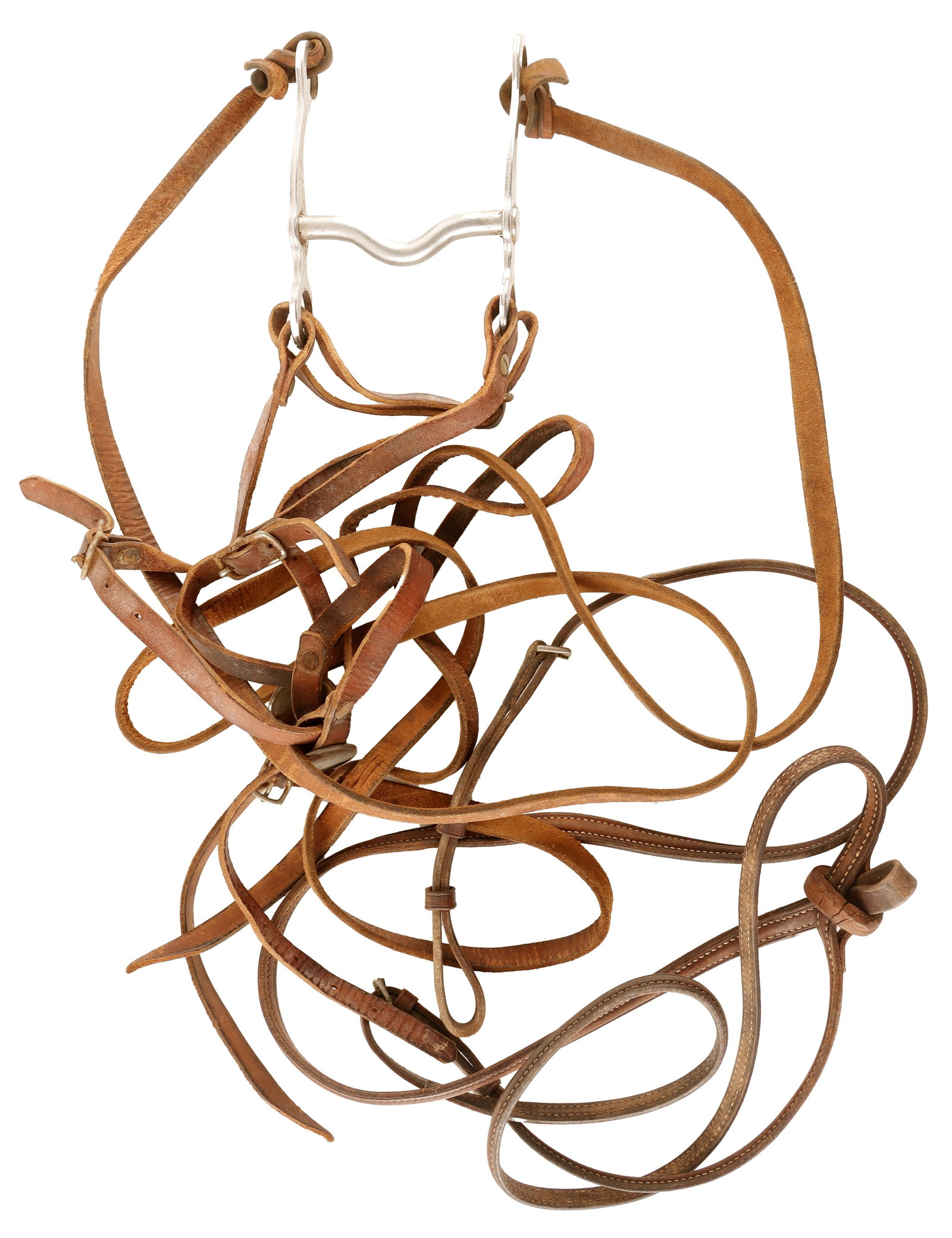 Leather Bridle with Bit and Reins: Brown leather Bridle with metal bit and brown reins with stitching. Made in England. No significant wear.